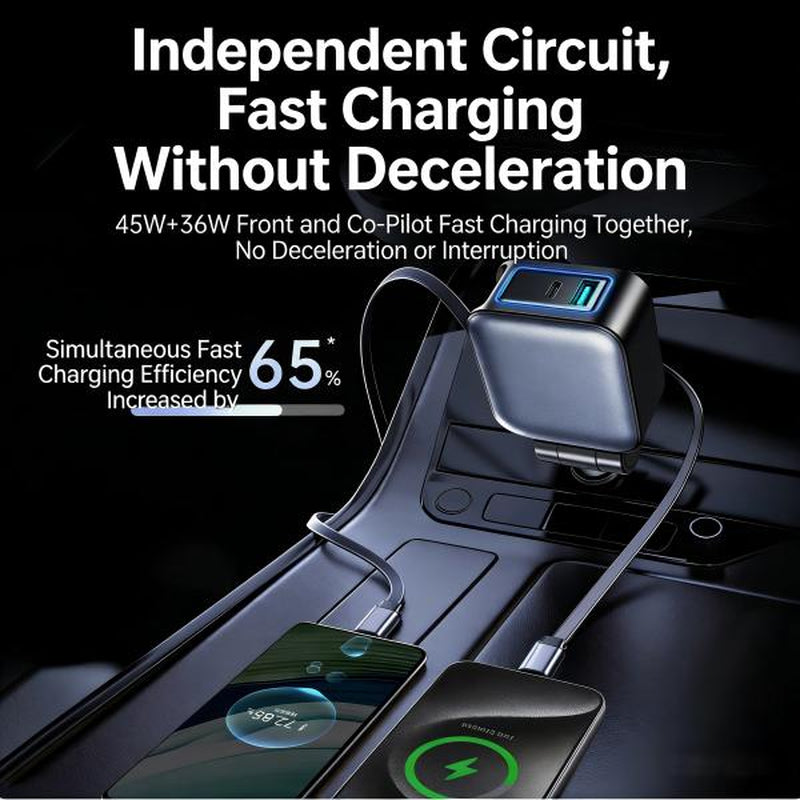 Four-In-One Retractable Car Charger, 80W Super Fast Charging, Dual Coiled Cables with 2 USB Ports, Compatible with Iphone 15/14/13/12 Pro Max & Galaxy S23 & More Bluetooth Phones
