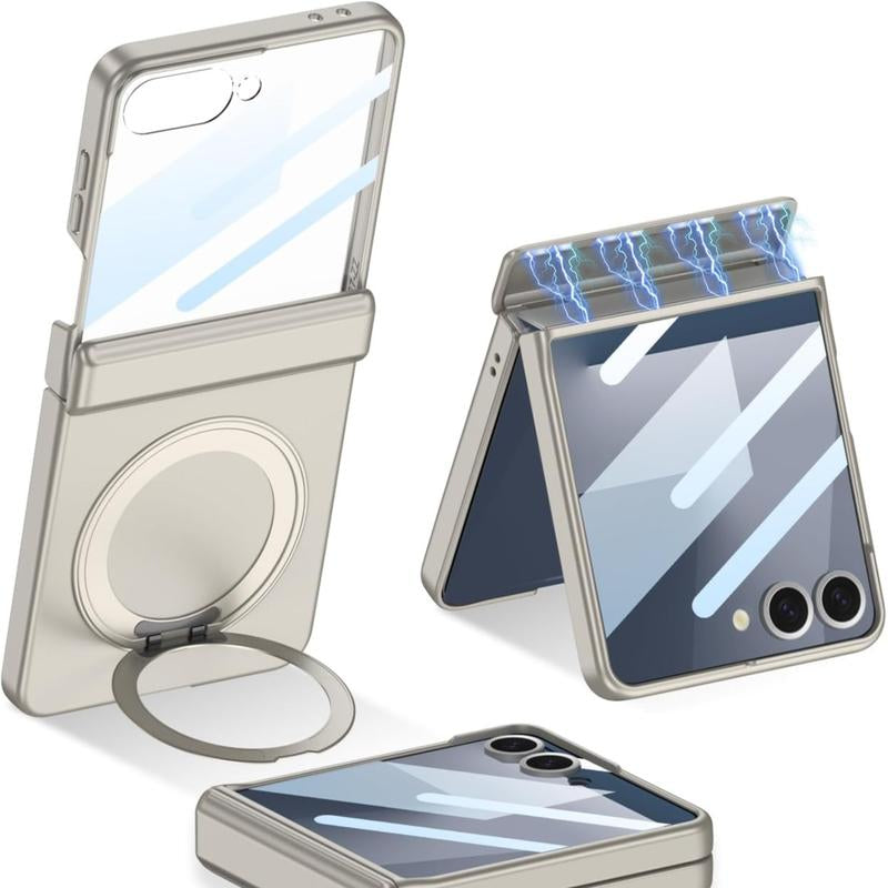 XIMAND for Samsung Galaxy Z Flip 7 Case with 360 Bracket Ring Holder Magnetic Hinge Protection & Built-In Front Screen Protector, Slim Texture Shockproof Case.