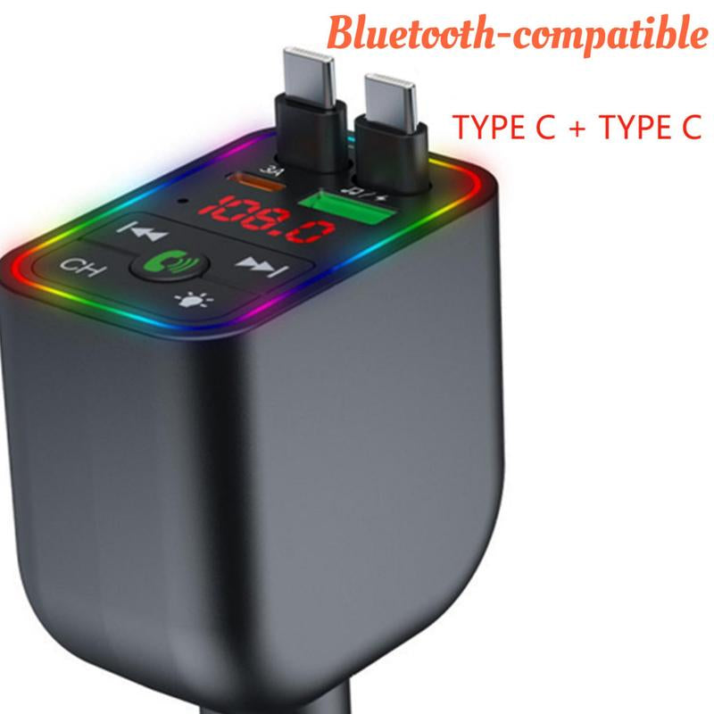 4-In-1 Retractable Car Charger: Dual USB Ports,Adjustable Frequency 87.5-108 Wireless Radio, Bluetooth Adapter& Charger,Mp3 Player (TF Card/Usb Supported) with Bluetooth-Compatible, 7-Color LED & Hands-Free Calling – Works with Iphone 11 to 15 Pro Max