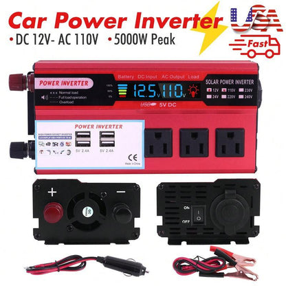 5000W Car Power Inverter DC 12V to AC 110V Converter 4 USB Outputs LCD Display 6000W Peak Power Vehicle Power Inverter