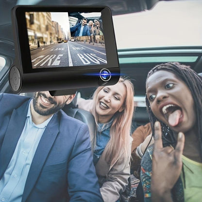 HD 1080P 3-Channel Dash Camera with Front inside Rear Recording, Night Vision Car DVR with 4-Inch Large Screen, Reversing Assist, Loop Recording, Parking Monitor, Accident Evidence Recorder, Built-In 32GB Memory for Safe Driving