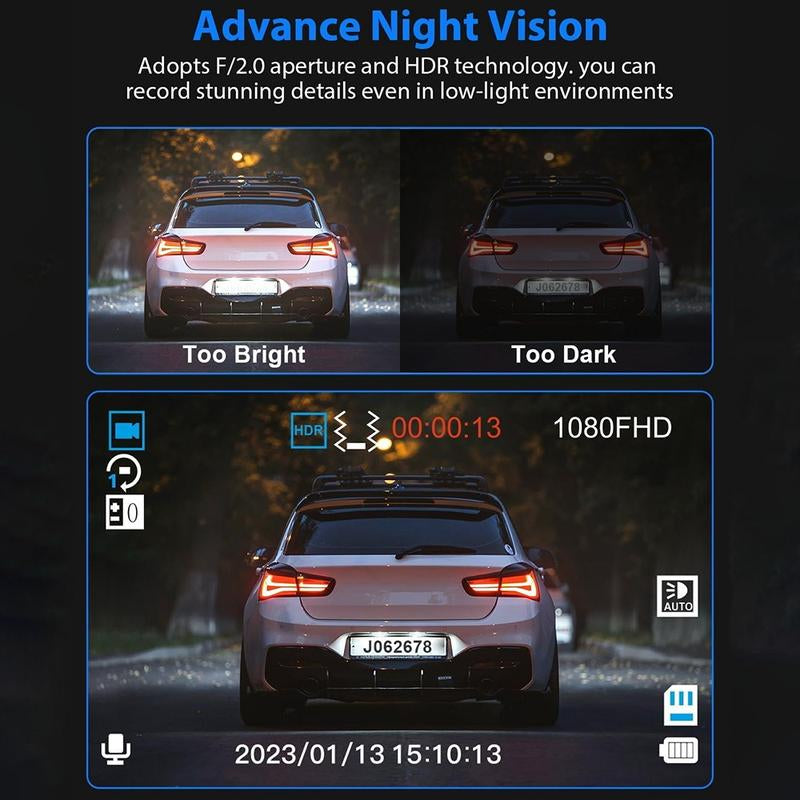 Whatook Wifi-1080P 3 Channel Dash Cam with 32GB Card HDR G-Sensor 24Hr Parking Waterproof Backup Camera Triple Dashcam Video Dashcam
