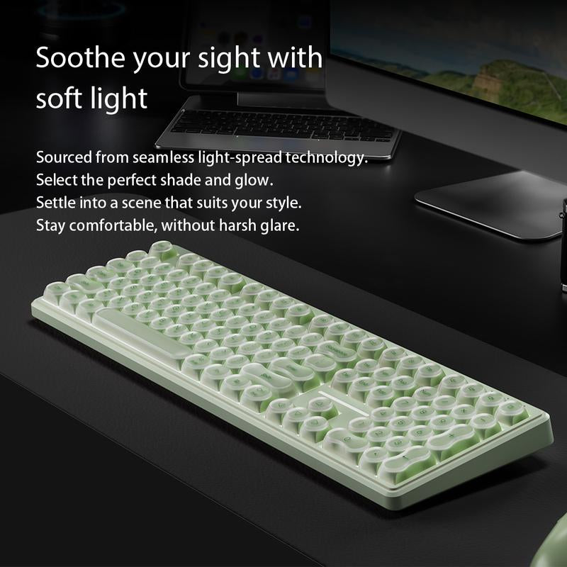 FURYCUBE IP108 Foundation Gaming Keyboard, 108 Keys Keyboard Tri-Mode Cute Keyboard Classic Keyboard with Number Pad, Media Knob Custom Mechanical Feel Keyboard, RGB Backlit Ergonomic Office Silent Computer Keyboard for PC, MAC, PS4, Xbox ONE Gamer