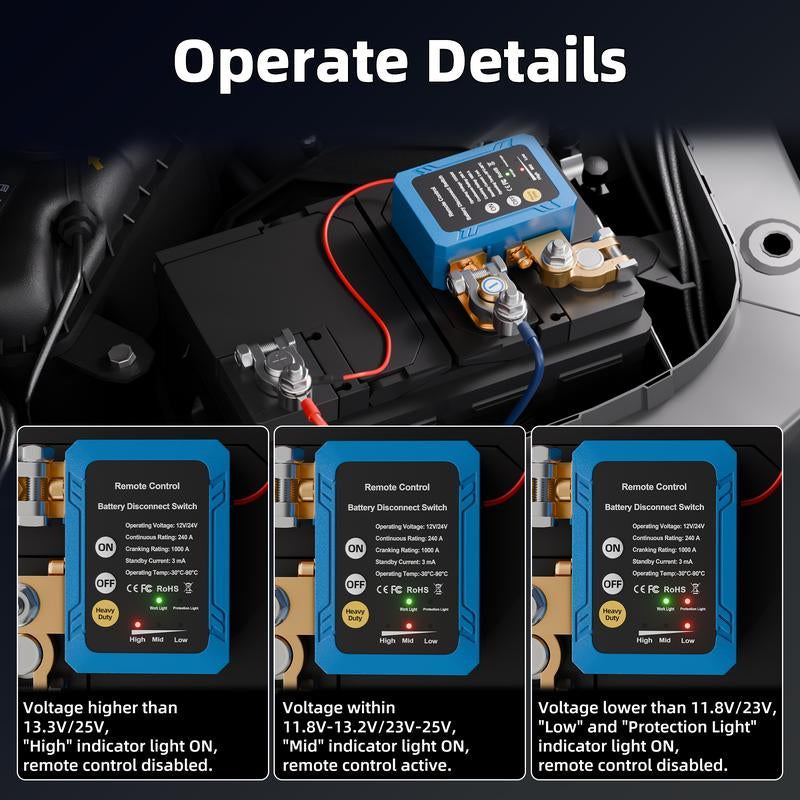 Eunik Dc 12V 240A Wireless Remote Battery Disconnect Switch, Two Key Operation for Cars, Quick Power Cut off Feature Smart