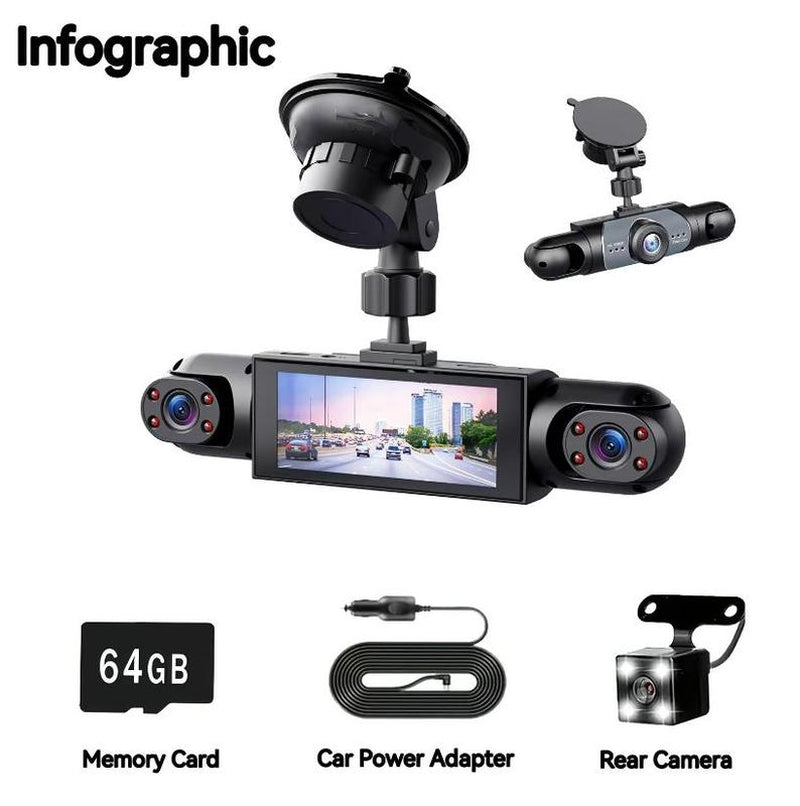 4 Channel Car Dash Cam 1080P HD DVR with 64GB Memory Card Night Vision Parking Mode 3.16" Screen Front Rear Left Right Cameras Dashcam