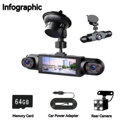 4 Channel Car Dash Cam 1080P HD DVR with 64GB Memory Card Night Vision Parking Mode 3.16" Screen Front Rear Left Right Cameras Dashcam