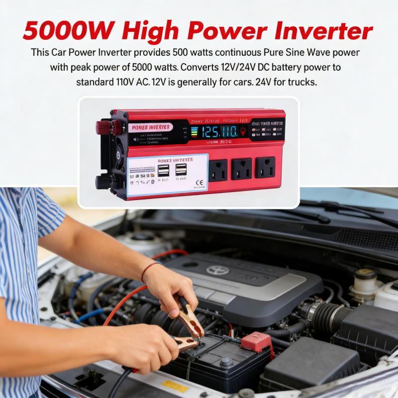 5000W Car Power Inverter DC 12V to AC 110V Converter 4 USB Outputs LCD Display 6000W Peak Power Vehicle Power Inverter