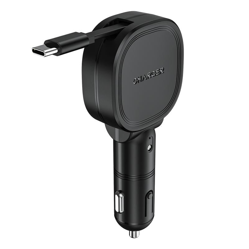Fast Car Charger with Starlight 4-In-1 Retractable Car Charger with Built-In Double Cable Voltage Display 31.5 Inch Range Built-In Starlight Projector