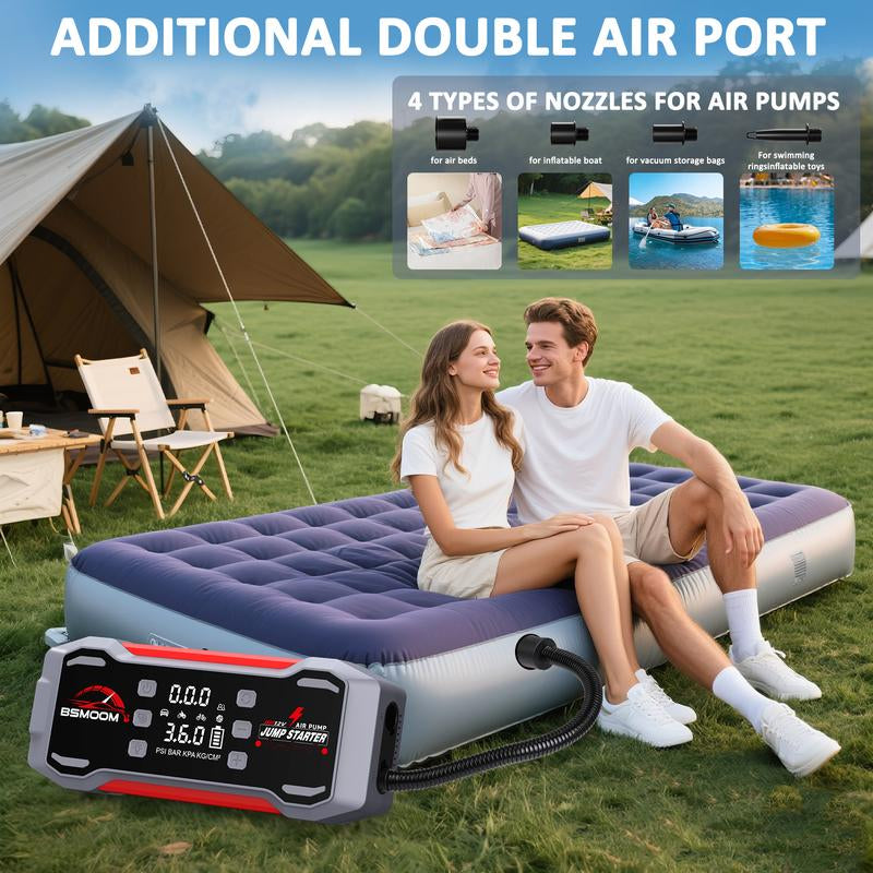 BSMOOM [7 in 1] 9000A Portable Car Jump Starter (For All Gas, 12.0L Diesel), with 150Psl Tire Inflator, 12V Battery, Blower All-In-One, 16800-20000Mah Power Bank Fast Charging , with LED Light