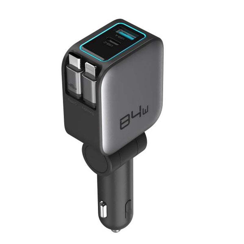 Four-In-One Retractable Car Charger, 80W Super Fast Charging, Dual Coiled Cables with 2 USB Ports, Compatible with Iphone 15/14/13/12 Pro Max & Galaxy S23 & More Bluetooth Phones