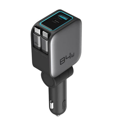 Four-In-One Retractable Car Charger, 80W Super Fast Charging, Dual Coiled Cables with 2 USB Ports, Compatible with Iphone 15/14/13/12 Pro Max & Galaxy S23 & More Bluetooth Phones