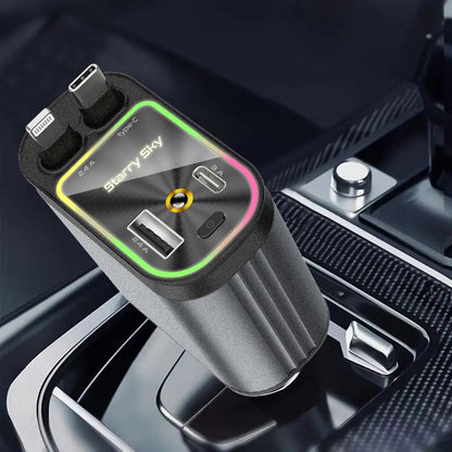 Fast Car Charger with Starlight 4-In-1 Retractable Car Charger with Built-In Double Cable Voltage Display 31.5 Inch Range Built-In Starlight Projector
