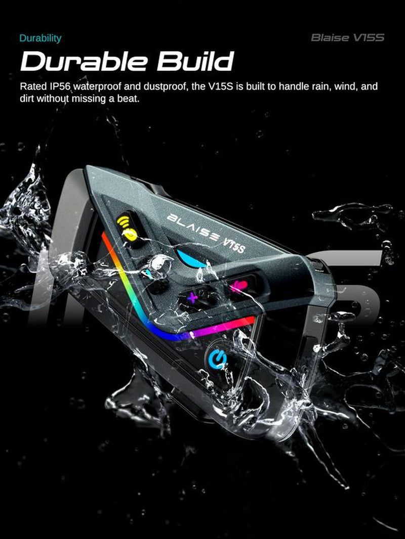 Blaise V15S Motorcycle Bluetooth Headset 15-Rider MESH Intercom Range 1000M Dual-Chip Crystal Clear at 120Km/H with ENC Noise Reduction 25H Battery & IP56 Waterproof ️ Music Sharing