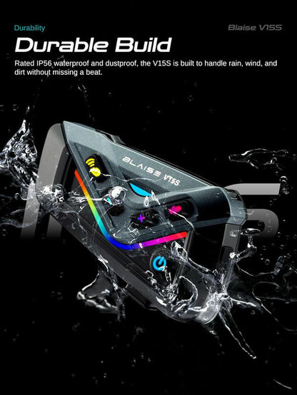 Blaise V15S Motorcycle Bluetooth Headset 15-Rider MESH Intercom Range 1000M Dual-Chip Crystal Clear at 120Km/H with ENC Noise Reduction 25H Battery & IP56 Waterproof ️ Music Sharing