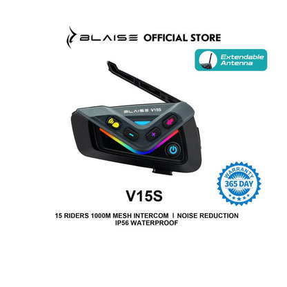 Blaise V15S Motorcycle Bluetooth Headset 15-Rider MESH Intercom Range 1000M Dual-Chip Crystal Clear at 120Km/H with ENC Noise Reduction 25H Battery & IP56 Waterproof ️ Music Sharing