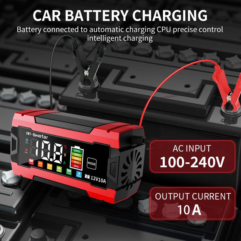 12V 10A Smart Car Battery Charger - US Pulg, Fully-Automatic Maintainer/Temperature Compensation & LCD Display, AC Adapter (110-240V), Suitable for AGM, Gel, SLA & More