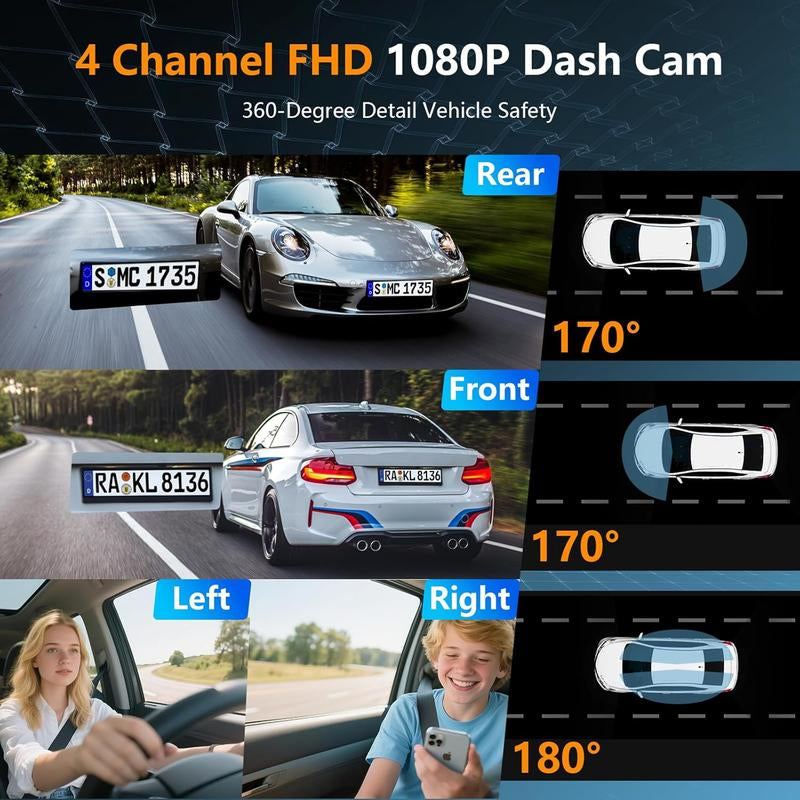 4 Channel Car Dash Cam，Car Video Surveillance with Night Vision， Car DVR Hd Screen Front Rear Left and Right Dashcam-Dash Camera for Car