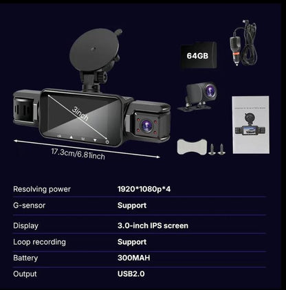 4 Channel Dash Cam with 360° Surround View Includes FREE OBD Cable for 24/7 Parking Monitor 4 Lens Front Rear inside Left Right Recording 4" Display, Built-In Wifi, 64GB Card Clear Night Vision, Hdr，Automotive Driving Recorder