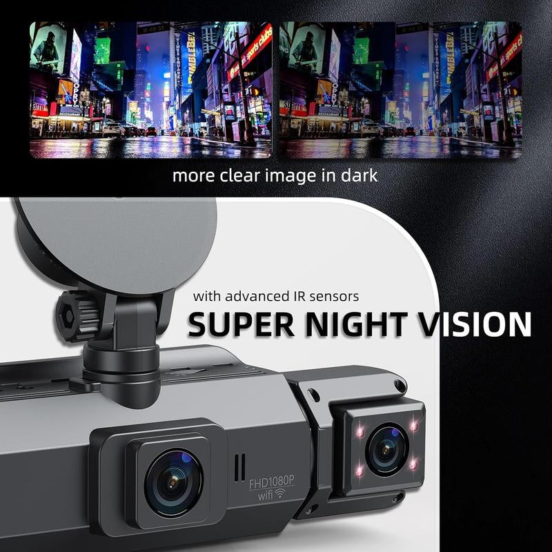 4 Channel Dash Cam with 360° Surround View Includes FREE OBD Cable for 24/7 Parking Monitor 4 Lens Front Rear inside Left Right Recording 4" Display, Built-In Wifi, 64GB Card Clear Night Vision, Hdr，Automotive Driving Recorder