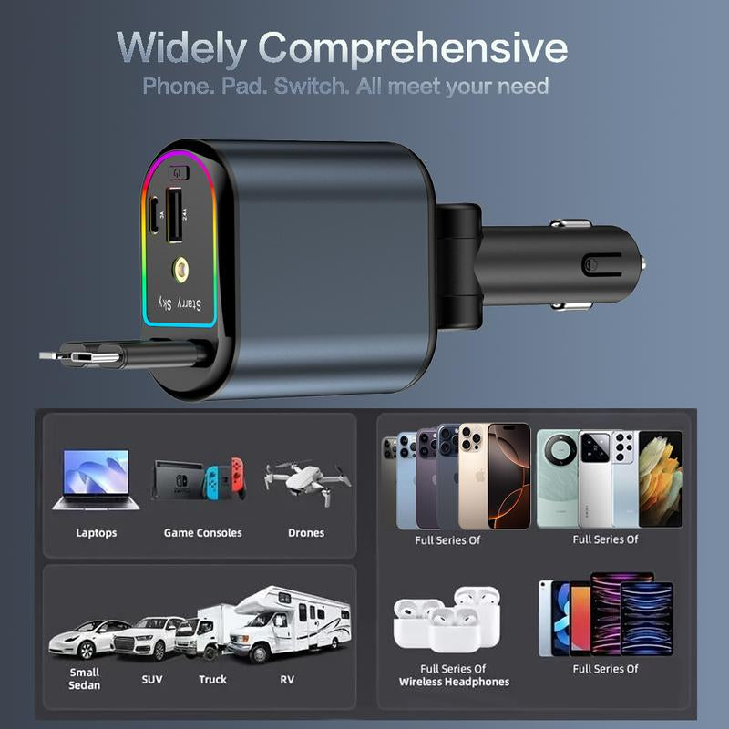 Retractable Car Charger Adapter for Iphone 17,4 in 1 Fast Charging Car Phone Charger,120W USB C Car Truck Accessories,Road Trip Essentials Gift for Men Women for Iphone 17 Pro Max/16/15/14/13/12,Galaxy