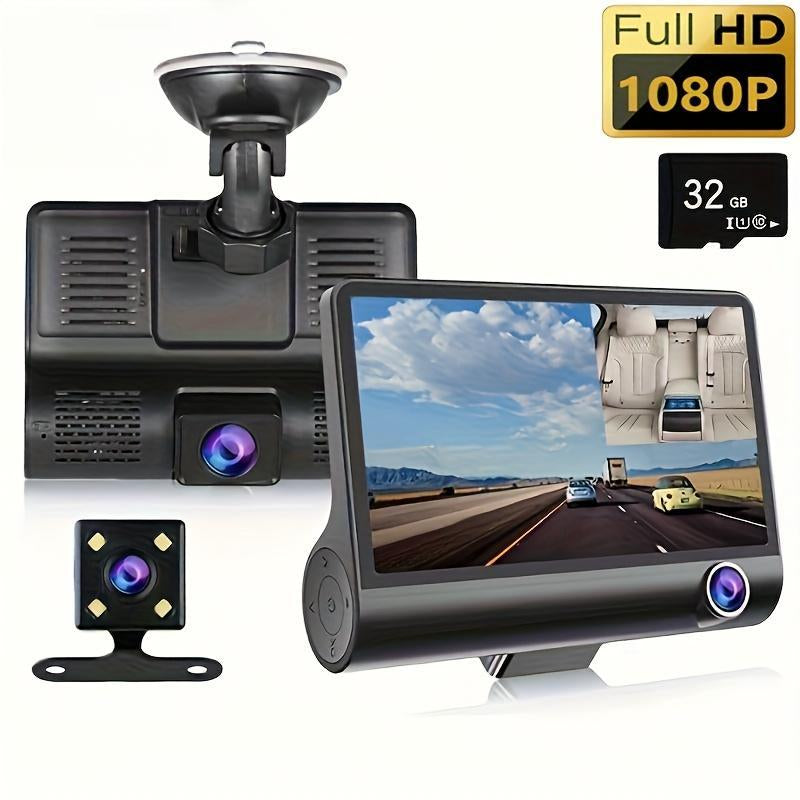 HD 1080P 3-Channel Dash Camera with Front inside Rear Recording, Night Vision Car DVR with 4-Inch Large Screen, Reversing Assist, Loop Recording, Parking Monitor, Accident Evidence Recorder, Built-In 32GB Memory for Safe Driving