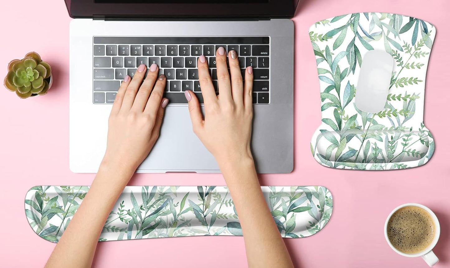 Ergonomic Mouse Pad with Wrist Rest Support and Keyboard Wrist Rest Pad Set,  Cute Wrist Pad with Non-Slip Rubber Base and Raised Memory Foam, Easy Typing & Pain Relief, Green Plants