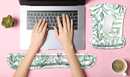Ergonomic Mouse Pad with Wrist Rest Support and Keyboard Wrist Rest Pad Set,  Cute Wrist Pad with Non-Slip Rubber Base and Raised Memory Foam, Easy Typing & Pain Relief, Green Plants