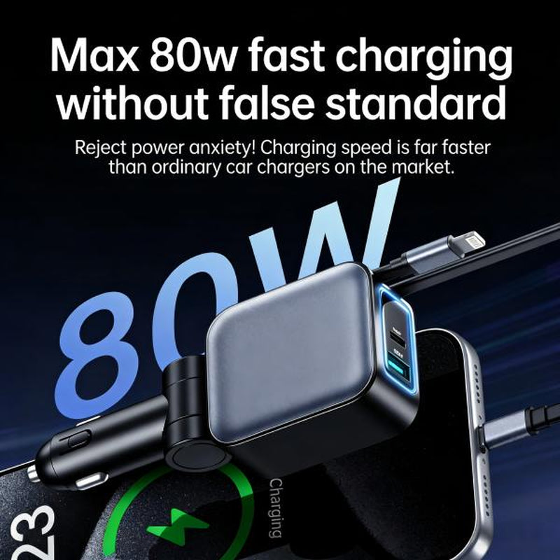 Four-In-One Retractable Car Charger, 80W Super Fast Charging, Dual Coiled Cables with 2 USB Ports, Compatible with Iphone 15/14/13/12 Pro Max & Galaxy S23 & More Bluetooth Phones