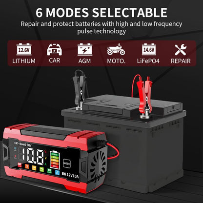 12V 10A Smart Car Battery Charger - US Pulg, Fully-Automatic Maintainer/Temperature Compensation & LCD Display, AC Adapter (110-240V), Suitable for AGM, Gel, SLA & More
