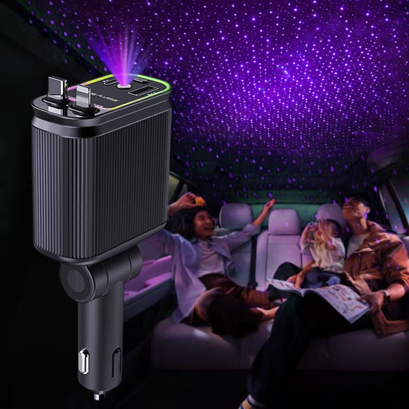 Fast Car Charger with Starlight 4-In-1 Retractable Car Charger with Built-In Double Cable Voltage Display 31.5 Inch Range Built-In Starlight Projector