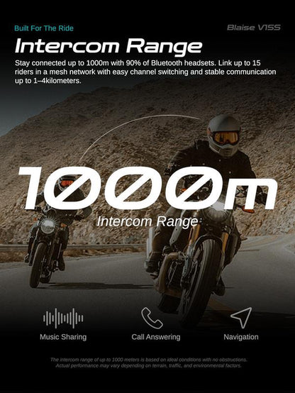 Blaise V15S Motorcycle Bluetooth Headset 15-Rider MESH Intercom Range 1000M Dual-Chip Crystal Clear at 120Km/H with ENC Noise Reduction 25H Battery & IP56 Waterproof ️ Music Sharing