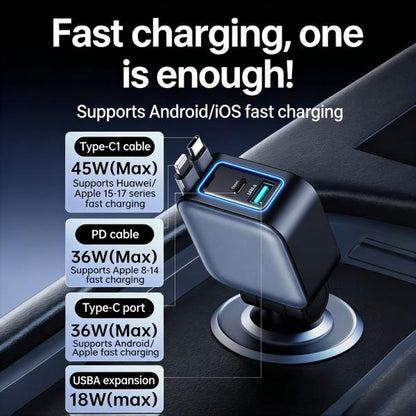Four-In-One Retractable Car Charger, 80W Super Fast Charging, Dual Coiled Cables with 2 USB Ports, Compatible with Iphone 15/14/13/12 Pro Max & Galaxy S23 & More Bluetooth Phones