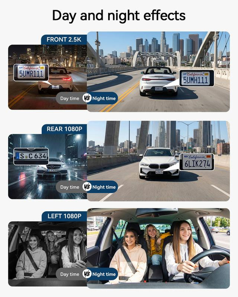 IIWEY N5 4 Channel Dash Cam 360° View 1080P Front & Rear 8 IR Lamps Night Vision 5G Wifi APP Control G-Sensor Parking Mode 128GB SD Card Included Side Camera