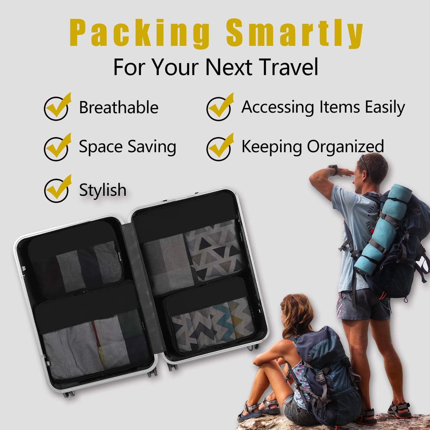 6 Set / 8 Set Packing Cubes Luggage Packing Organizers for Travel Accessories (6 Set Black)