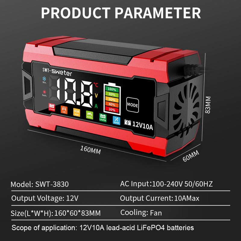 12V 10A Smart Car Battery Charger - US Pulg, Fully-Automatic Maintainer/Temperature Compensation & LCD Display, AC Adapter (110-240V), Suitable for AGM, Gel, SLA & More