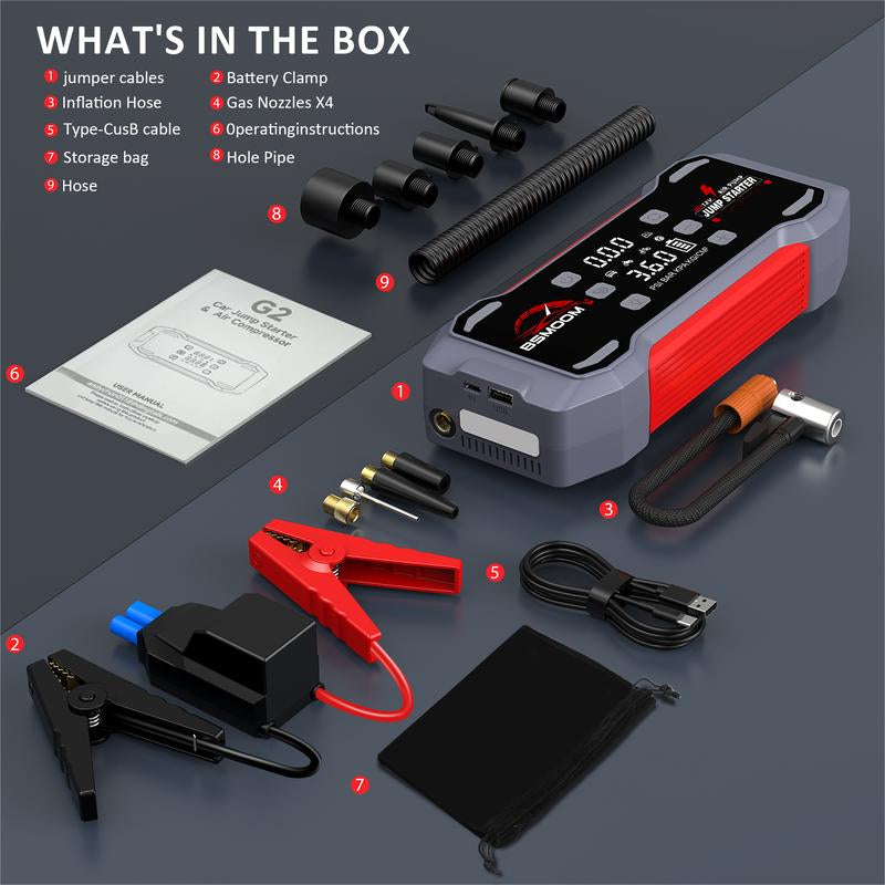 BSMOOM [7 in 1] 9000A Portable Car Jump Starter (For All Gas, 12.0L Diesel), with 150Psl Tire Inflator, 12V Battery, Blower All-In-One, 16800-20000Mah Power Bank Fast Charging , with LED Light