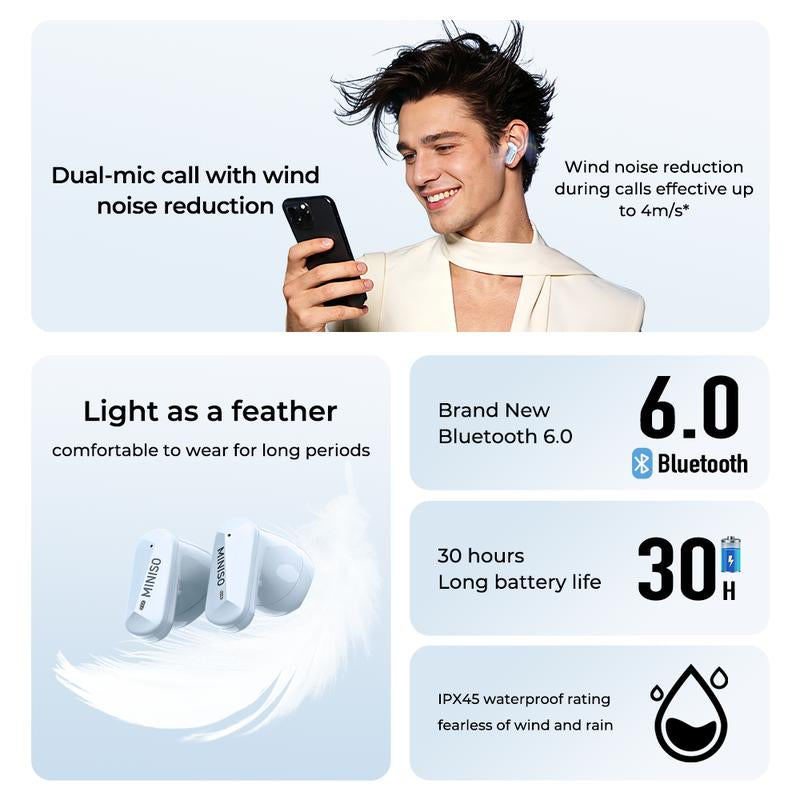 MINISO MS119 TWS True Wireless Earbuds Bluetooth Headphones, Bluetooth 6.0, 30H Long Playtime, IPX5 Water-Resistant, 2 Mics for Clear Calls, Deep Bass Sound Earphones