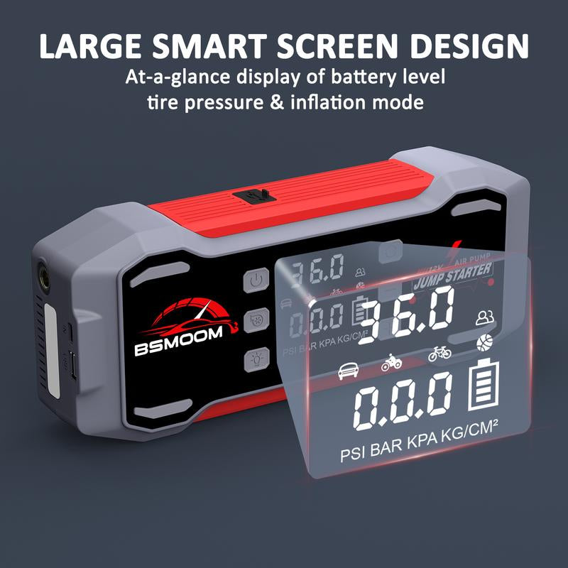 BSMOOM [7 in 1] 9000A Portable Car Jump Starter (For All Gas, 12.0L Diesel), with 150Psl Tire Inflator, 12V Battery, Blower All-In-One, 16800-20000Mah Power Bank Fast Charging , with LED Light
