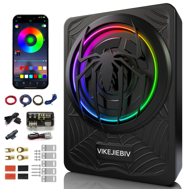 VIKEJIEBIV 1200W RGB Subwoofer, Slim Underseat Car Subwoofer and Amp Package with RGB Beat-Synced Light, Individual Control for Low Pass/Gain/Boost Bass, Deep Bass Perfect for Truck/Suv/Jeep/Mpv