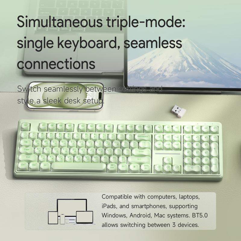 FURYCUBE IP108 Foundation Gaming Keyboard, 108 Keys Keyboard Tri-Mode Cute Keyboard Classic Keyboard with Number Pad, Media Knob Custom Mechanical Feel Keyboard, RGB Backlit Ergonomic Office Silent Computer Keyboard for PC, MAC, PS4, Xbox ONE Gamer