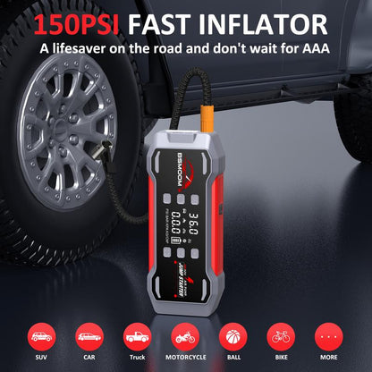 BSMOOM [7 in 1] 9000A Portable Car Jump Starter (For All Gas, 12.0L Diesel), with 150Psl Tire Inflator, 12V Battery, Blower All-In-One, 16800-20000Mah Power Bank Fast Charging , with LED Light
