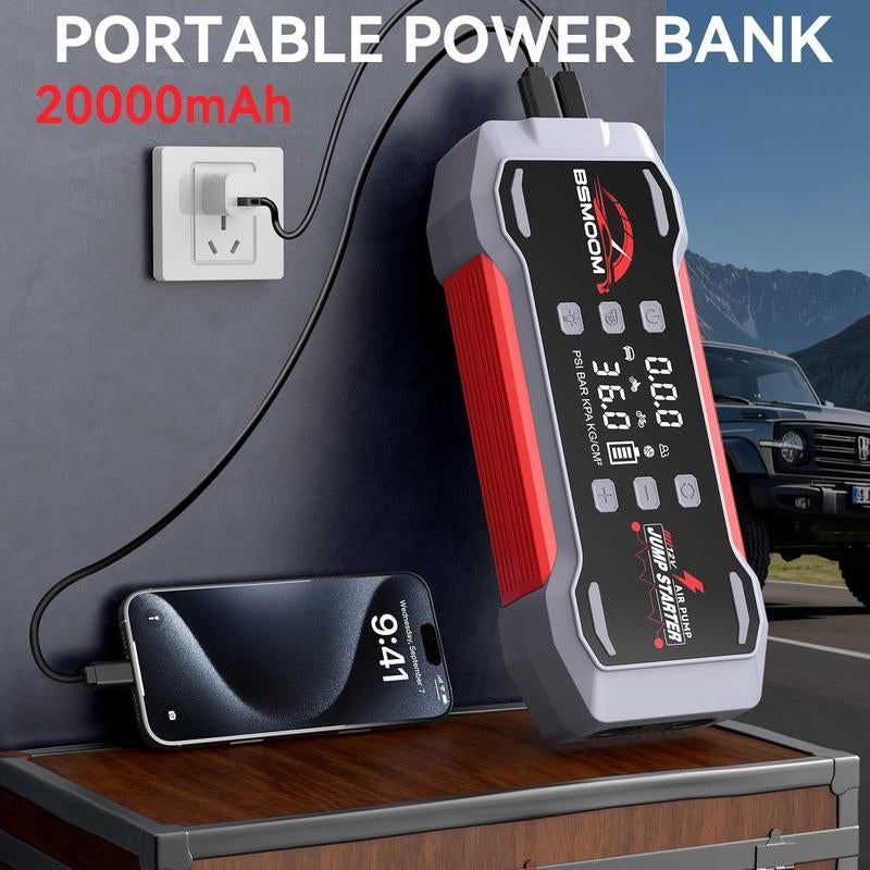 BSMOOM [7 in 1] 9000A Portable Car Jump Starter (For All Gas, 12.0L Diesel), with 150Psl Tire Inflator, 12V Battery, Blower All-In-One, 16800-20000Mah Power Bank Fast Charging , with LED Light