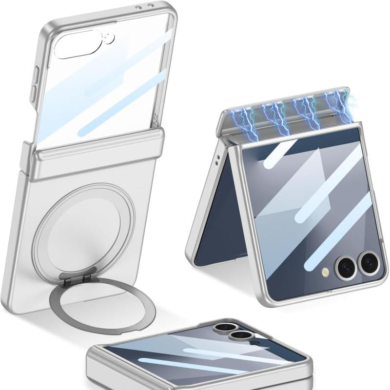 XIMAND for Samsung Galaxy Z Flip 7 Case with 360 Bracket Ring Holder Magnetic Hinge Protection & Built-In Front Screen Protector, Slim Texture Shockproof Case.