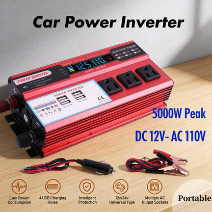 5000W Car Power Inverter DC 12V to AC 110V Converter 4 USB Outputs LCD Display 6000W Peak Power Vehicle Power Inverter