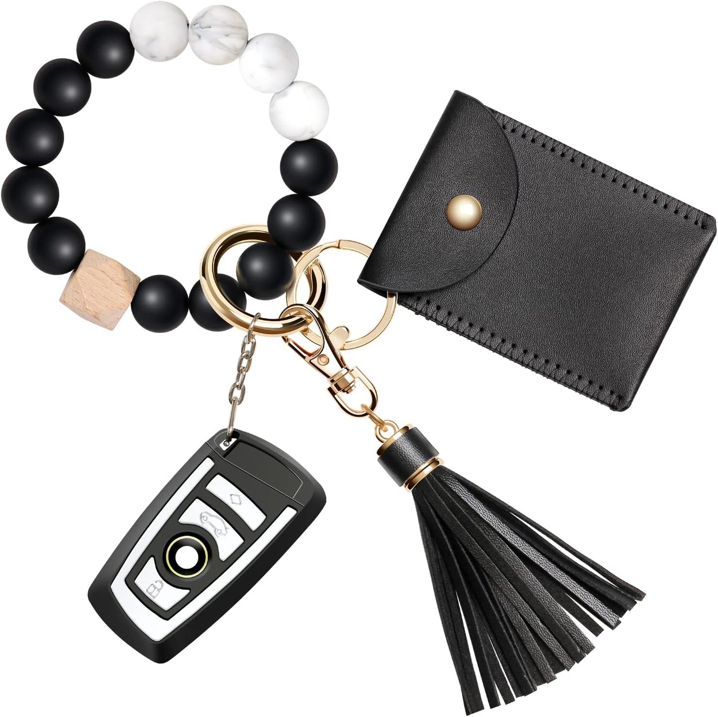 Keychain Bracelet Wristlet, Silicone Beaded Key Ring Bracelet with Card Wallet, Elastic Keyring Bangle for Womens
