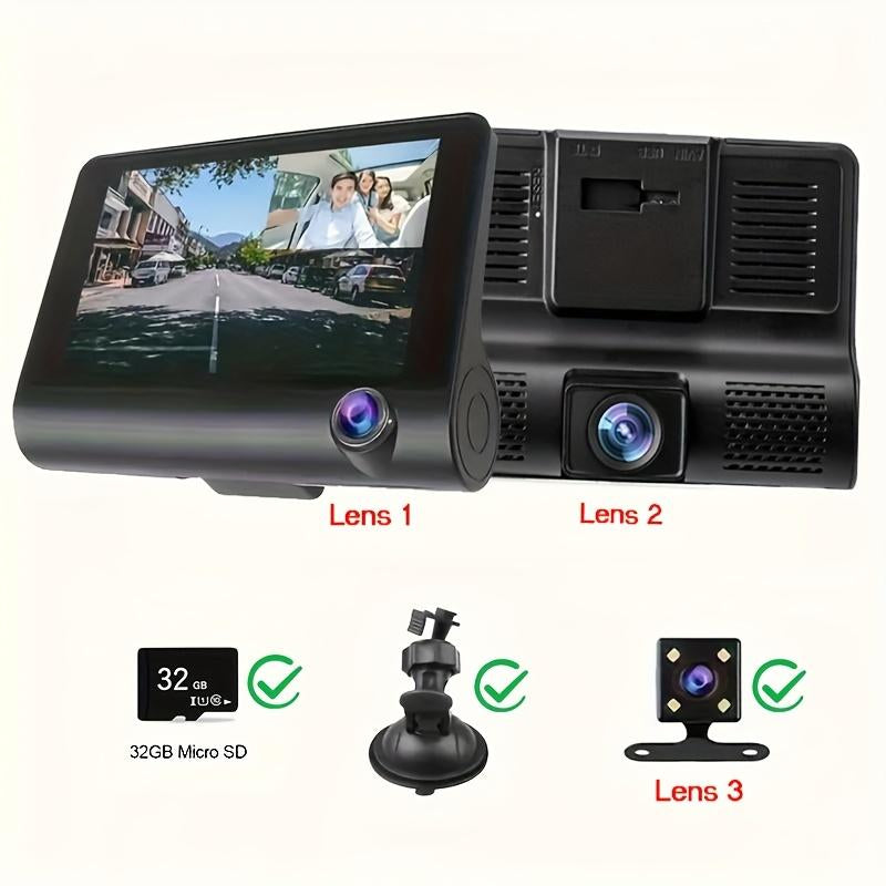 HD 1080P 3-Channel Dash Camera with Front inside Rear Recording, Night Vision Car DVR with 4-Inch Large Screen, Reversing Assist, Loop Recording, Parking Monitor, Accident Evidence Recorder, Built-In 32GB Memory for Safe Driving