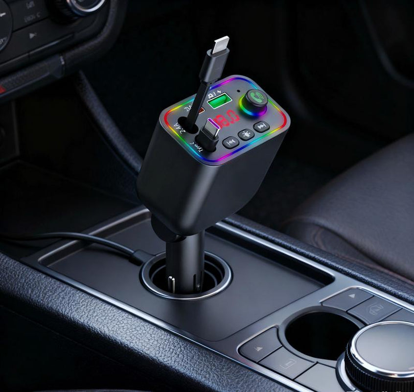 4-In-1 Retractable Car Charger: Dual USB Ports,Adjustable Frequency 87.5-108 Wireless Radio, Bluetooth Adapter& Charger,Mp3 Player (TF Card/Usb Supported) with Bluetooth-Compatible, 7-Color LED & Hands-Free Calling – Works with Iphone 11 to 15 Pro Max