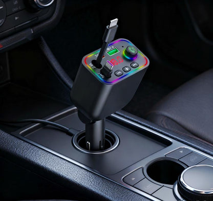 4-In-1 Retractable Car Charger: Dual USB Ports,Adjustable Frequency 87.5-108 Wireless Radio, Bluetooth Adapter& Charger,Mp3 Player (TF Card/Usb Supported) with Bluetooth-Compatible, 7-Color LED & Hands-Free Calling – Works with Iphone 11 to 15 Pro Max