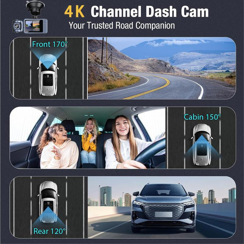 HYRORA 4K Triple Dash Cam with Wifi Front inside Rear View Night Vision 24H Parking Monitor Car Driving Recorder HD Crystal-Clear Recording 2 Inch Display Free 32GB Card Holiday Haul Christmas
