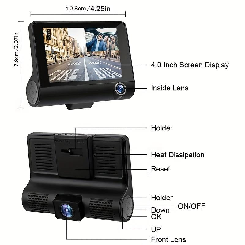 HD 1080P 3-Channel Dash Camera with Front inside Rear Recording, Night Vision Car DVR with 4-Inch Large Screen, Reversing Assist, Loop Recording, Parking Monitor, Accident Evidence Recorder, Built-In 32GB Memory for Safe Driving